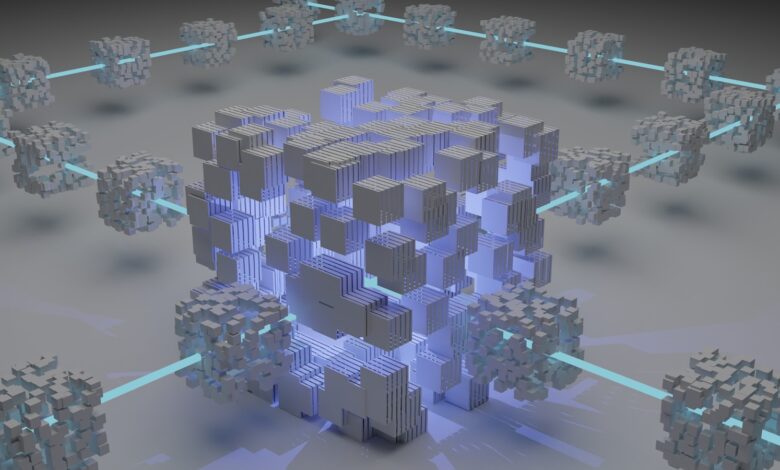 a computer generated image of a cube surrounded by smaller cubes