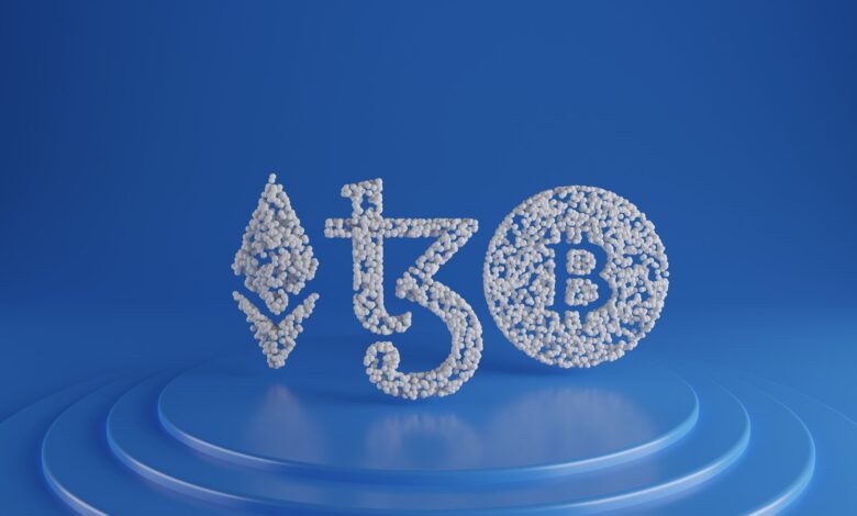 a blue background with a 3d rendering of a symbol