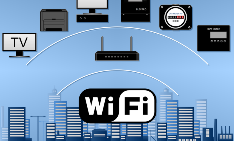 wi-fi, network, router, building, water meter, electric meter, computer, printer, modem, wi-fi, wi-fi, wi-fi, wi-fi, wi-fi, router, router, router, modem, modem