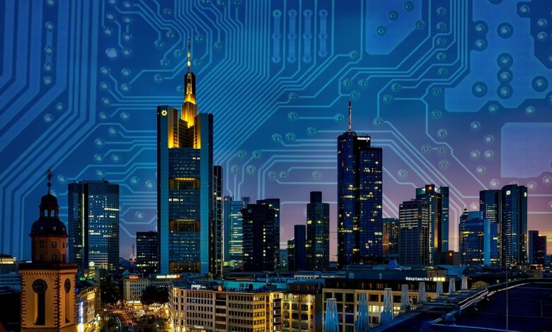 smart, city, circuit, board, technology, connected, skyline, skyscrapers, future, business, modern, automatization, robots, blue business, blue technology, blue city, blue robot, blue future, blue company, blue board, circuit, future, future, future, future, future